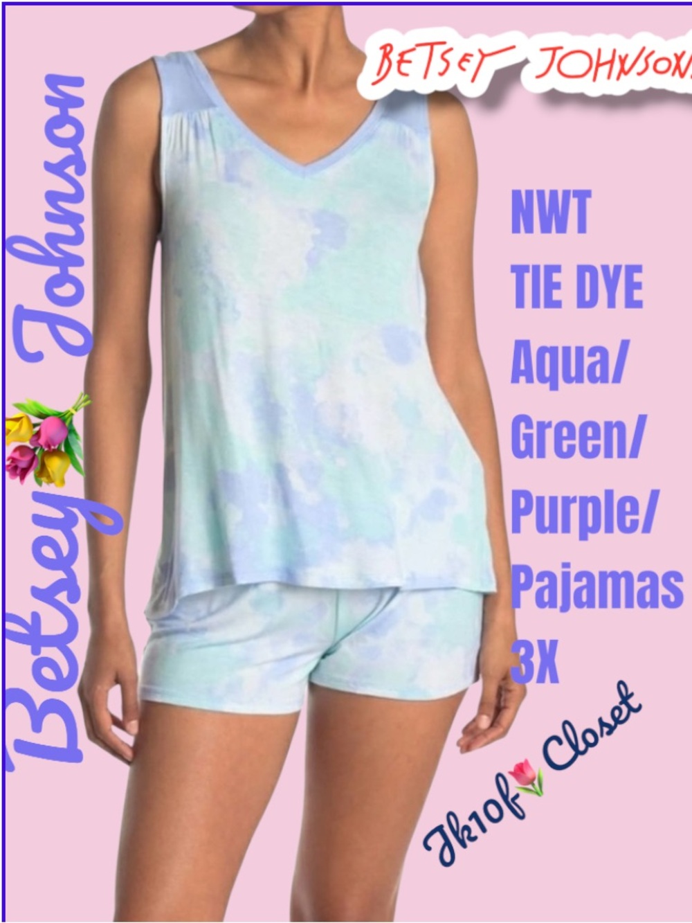 LOWEST PRICE🌺BETSEY JOHNSON 3X Aqua/Green/Purple TIE DYE SHORTS PAJAMAS SET